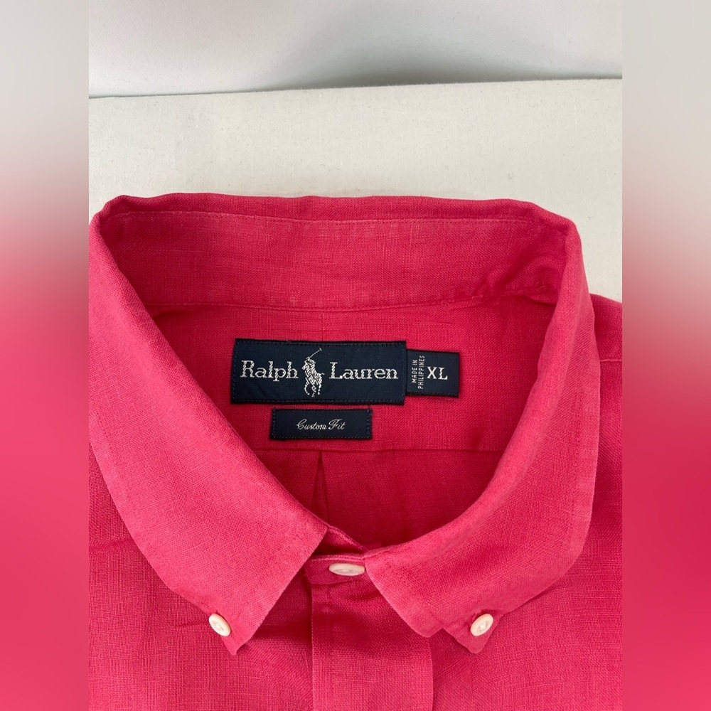 Ralph Lauren Custom Fit 100% Linen Pink Button Down Shirt XL Blue Pony - Picture 2 of 11